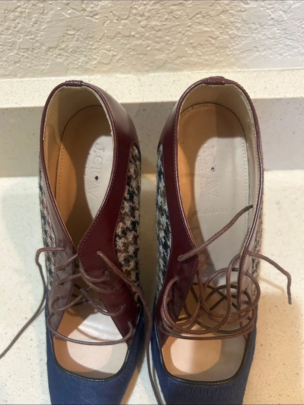 J. Crew Navy and Burgundy Pointed Lace-Up Heels with Houndstooth